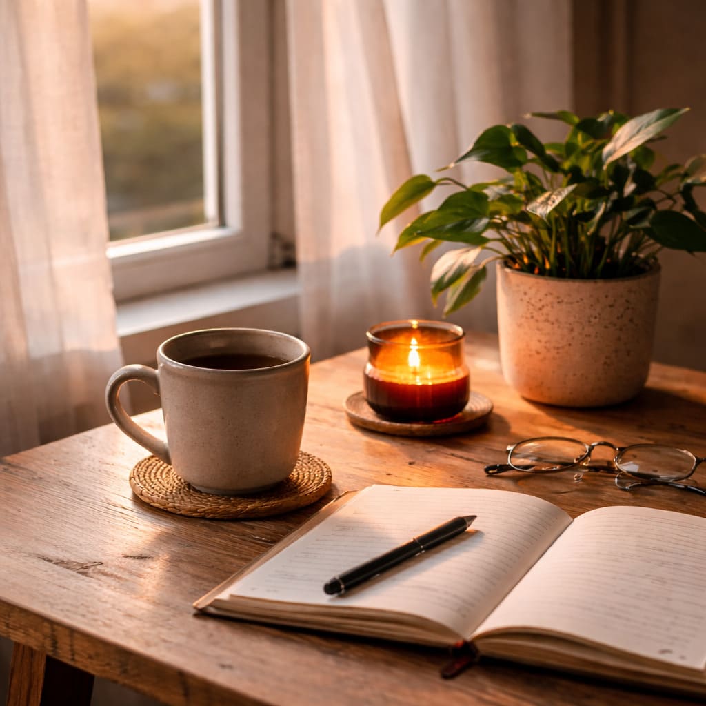 Startseite-frreileben24-2 Gemütlicher Schreibtisch bei Abendlicht